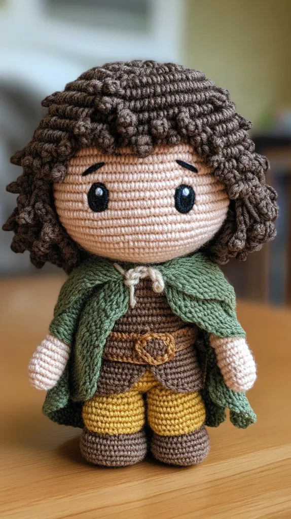 An adorable crocheted amigurumi figure, possibly inspired by a hobbit or similar character, stands on a wooden surface.  The figure features a brown curly hairstyle, a pale face with large eyes, and a green cloak over brown and gold clothing. The detailed stitching creates a charming and realistic appearance.  The soft yarn and small size evoke a sense of warmth and playfulness.