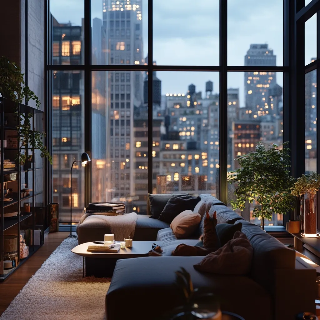 A modern, dimly lit living room boasts floor-to-ceiling windows offering a breathtaking panoramic view of a city skyline at twilight.  A plush, sectional sofa is arranged comfortably, with a cat nestled amongst the pillows.  A low coffee table holds books and candles, creating a cozy and sophisticated atmosphere.  Indoor plants add to the room's ambiance.  The overall mood is calm and luxurious.