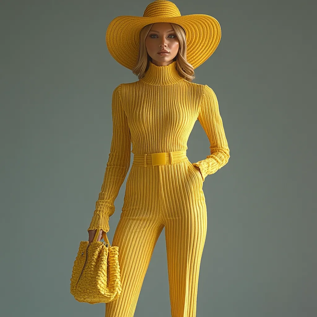A blonde model poses against a muted green backdrop, wearing a vibrant yellow ribbed jumpsuit cinched with a matching belt.  The jumpsuit has a high neck and long sleeves.  She accessorizes with a wide-brimmed yellow sun hat and a textured yellow handbag.  The overall style is chic and retro-inspired.
