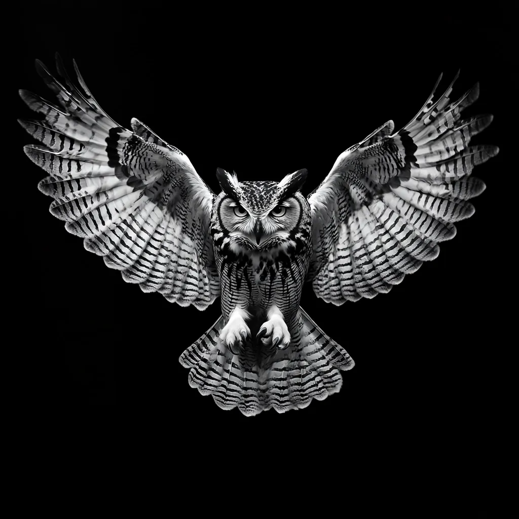 A striking black and white image showcases a great horned owl in flight. Its wings are fully extended, revealing intricate feather patterns. The owl's intense gaze is directed forward, creating a powerful and captivating portrait against a stark black background.  The monochrome palette emphasizes texture and detail, highlighting the bird's majestic presence.