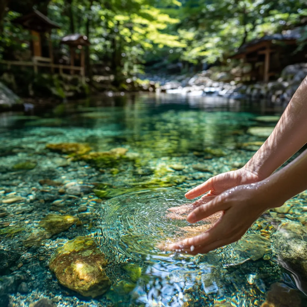 Two hands gently touch the crystal-clear water of a serene stream nestled within a lush, green forest.  The water is shallow, revealing smooth river stones beneath.  Blurred in the background are traditional Japanese-style structures, adding to the tranquil and picturesque scene.  Sunlight filters through the canopy, illuminating the vibrant colors of nature.