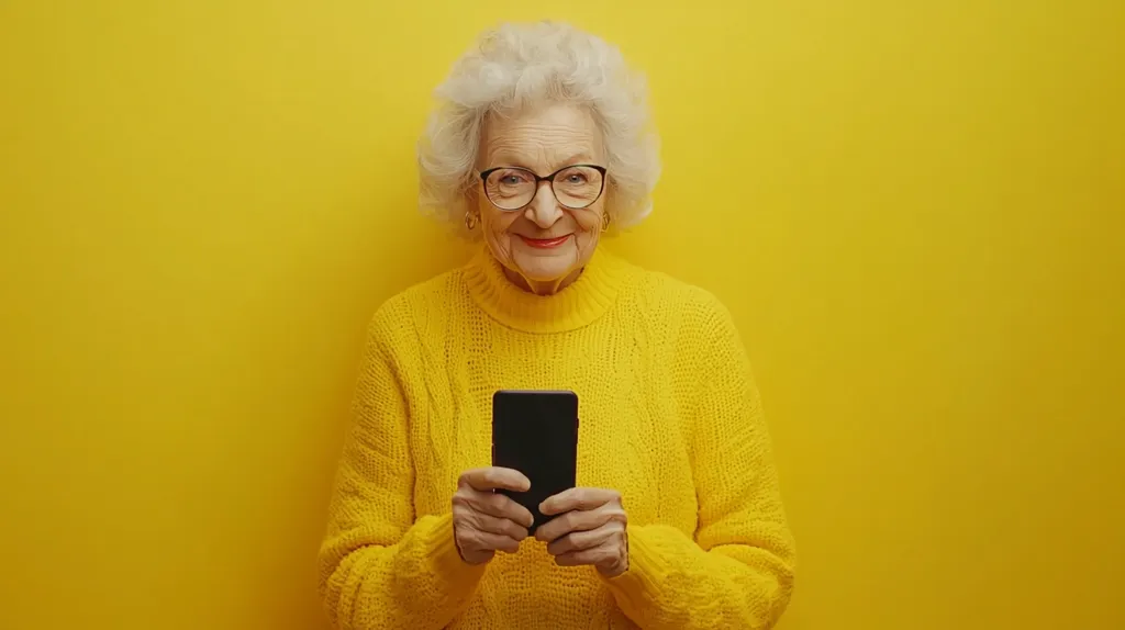 A smiling elderly woman with white hair and glasses wears a bright yellow sweater.  She holds a smartphone in front of her, her hands gently cradling the device. The background is a solid, vibrant yellow, providing a cheerful and contrasting backdrop to her image.  She appears happy and engaged with her phone.