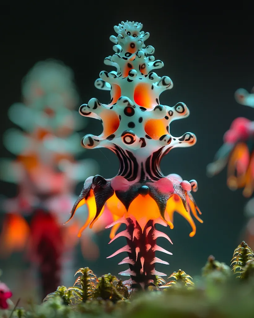 A close-up reveals a bioluminescent, alien-like plant.  Its structure is intricate and otherworldly, with a towering, tiered design in shades of white, black, orange, and pink.  The plant glows from within, illuminating its complex details.  Surrounding it are blurred, similar plants, suggesting a field of these fantastical flora in a dark, mysterious setting. The image is highly stylized, possibly digital art.