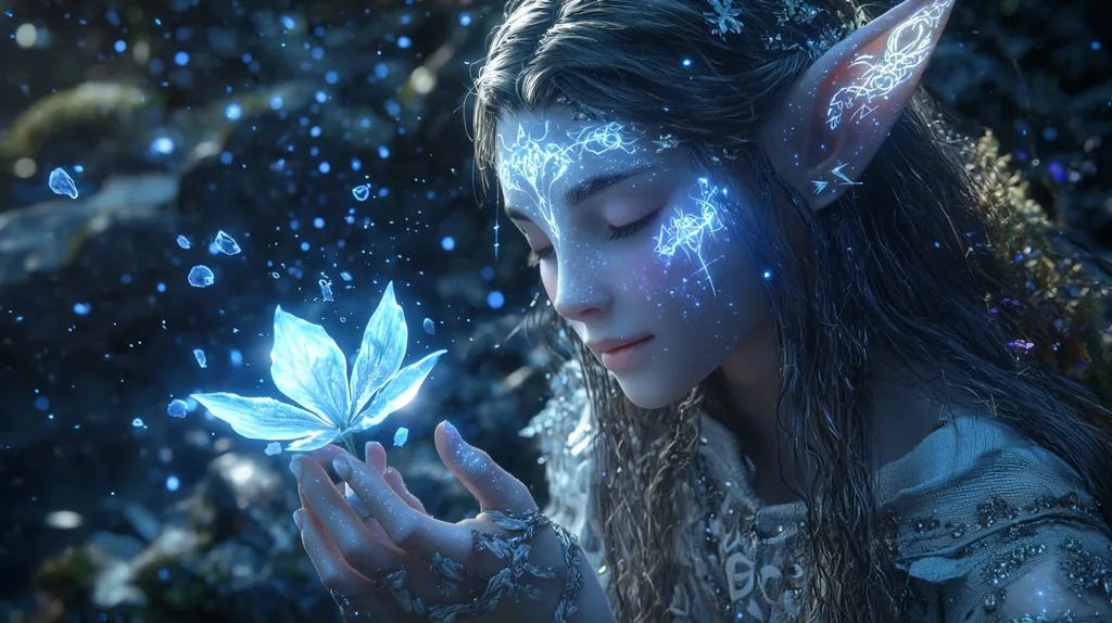 A young elf woman with pointed ears and glowing blue markings on her face and ears, gently cradles a luminous blue flower.  She is adorned in a light, ethereal garment and delicate jewelry.  Blue particles float in the air around her, creating a mystical and enchanting atmosphere within a dark, forested setting. Her eyes are closed, suggesting serenity and connection with nature.