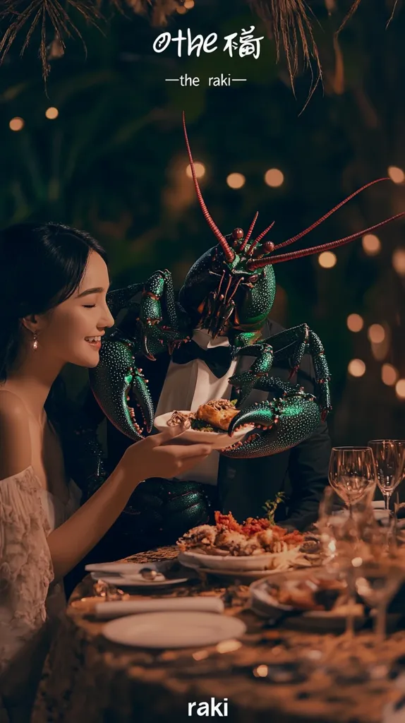 A woman in an elegant white dress sits at a dimly lit table with a person dressed as a large, ornate lobster.  The lobster-person holds a plate of food for the woman. The scene is darkly romantic and whimsical, with a luxurious ambiance suggested by the table setting and glassware. The word "raki" is subtly incorporated into the image's branding and appears at the bottom.