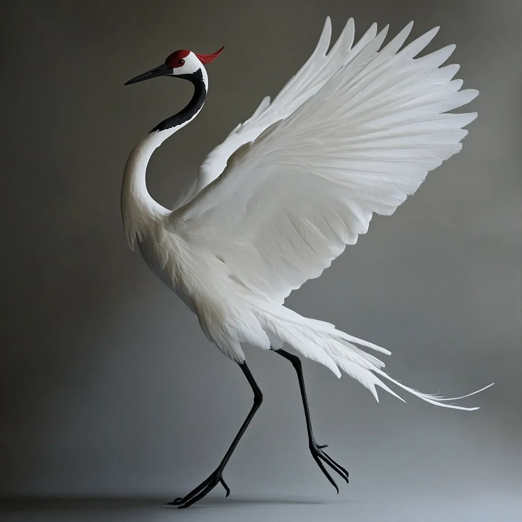 A red-crowned crane, predominantly white with black legs and neck, is captured mid-flight.  Its wings are fully extended, showcasing the intricate detail of its feathers against a muted gray background.  The bird's elegant pose and sharp features are highlighted, creating a striking image of grace and power. The contrast between the white plumage and the dark elements emphasizes its form.