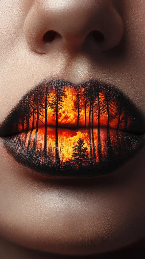 A close-up shot reveals a person's lips artfully painted to depict a forest fire.  Silhouetted trees frame a fiery orange and red inferno, creating a striking contrast against the dark lipstick. The detail is exquisite, showcasing the intensity of the flames within the confines of the mouth.  The image is both beautiful and unsettling, highlighting the power and devastation of nature.
