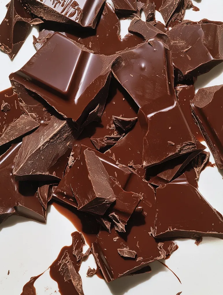 A pile of dark chocolate pieces sits on a white surface.  The chocolate is broken into irregular shapes and sizes, some melted and pooled together.  The rich, dark brown color of the chocolate is prominent, suggesting a high cocoa content.  The overall image is visually appealing and evokes a sense of delicious indulgence.