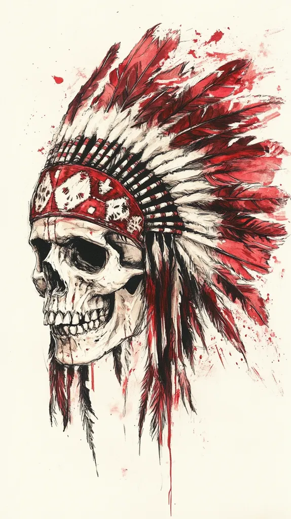 A detailed illustration showcases a skull adorned with a vibrant headdress.  The headdress, predominantly red and white, features intricately rendered feathers that splay dramatically.  The skull itself is realistically drawn, with visible texture and detail. Blood-like splatters add to the dramatic effect, creating a powerful and evocative image. The style blends realism with a hint of surrealism.