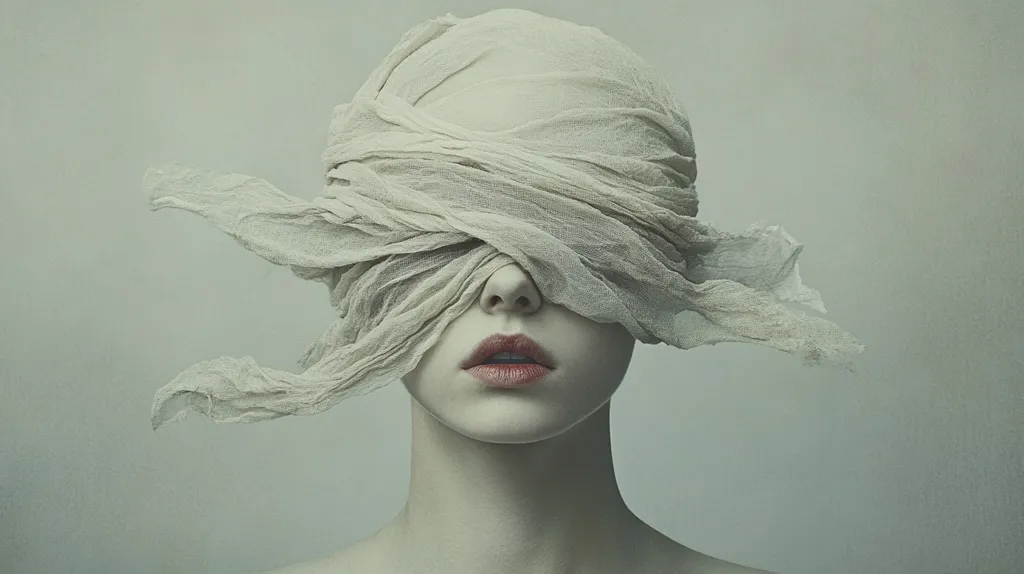 A woman's face is obscured by a pale, gauzy fabric draped over her head and eyes, obscuring her vision. The fabric billows around her, creating a sense of mystery and concealment. The muted color palette and soft focus enhance the ethereal and enigmatic mood of the portrait.  The woman's lips are visible, adding a touch of subtle sensuality to the overall image.