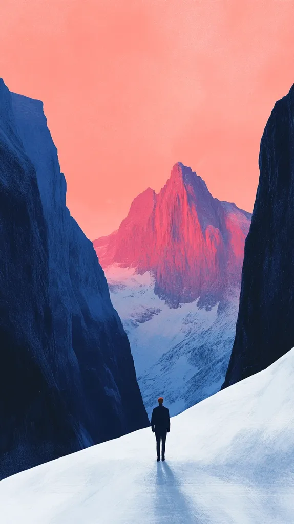 A lone figure in a dark suit stands on a snow-covered expanse, gazing at a majestic mountain range.  Towering, dark blue cliffs frame the scene, contrasting with the vibrant pink-hued sky at sunset. A central peak glows with a reddish light,  creating a dramatic and surreal landscape. The image evokes a sense of solitude and awe-inspiring natural beauty.