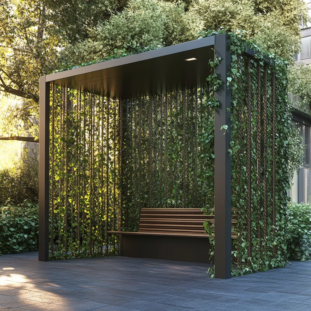 A modern, dark-framed pergola provides a tranquil seating area.  Ivy vines climb the structure's sides, creating a lush, verdant enclosure. A simple wooden bench sits within, offering a secluded spot for relaxation. The paving beneath is dark grey, contrasting with the greenery. The pergola is subtly lit from above, enhancing its peaceful ambiance.  The overall design blends natural elements with clean, architectural lines.