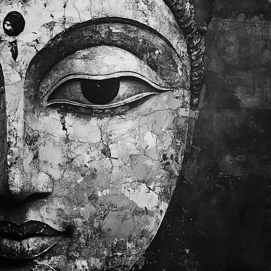A black and white close-up captures a weathered, ancient Buddha statue.  The focus is on the serene eye, its dark pupil contrasting with the light surrounding it.  The statue's face shows significant age and damage, the paint cracked and peeling, revealing the texture beneath. The overall effect is one of quiet contemplation and the passage of time.