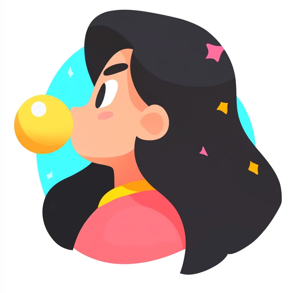 A cartoon illustration of a girl with long black hair blowing a large, round, yellow bubble.  She's wearing a pink shirt and small colorful sparkles adorn her hair.  The style is simple and cute, with a profile view against a light blue circular background.  The girl has large eyes and a pleasant expression.