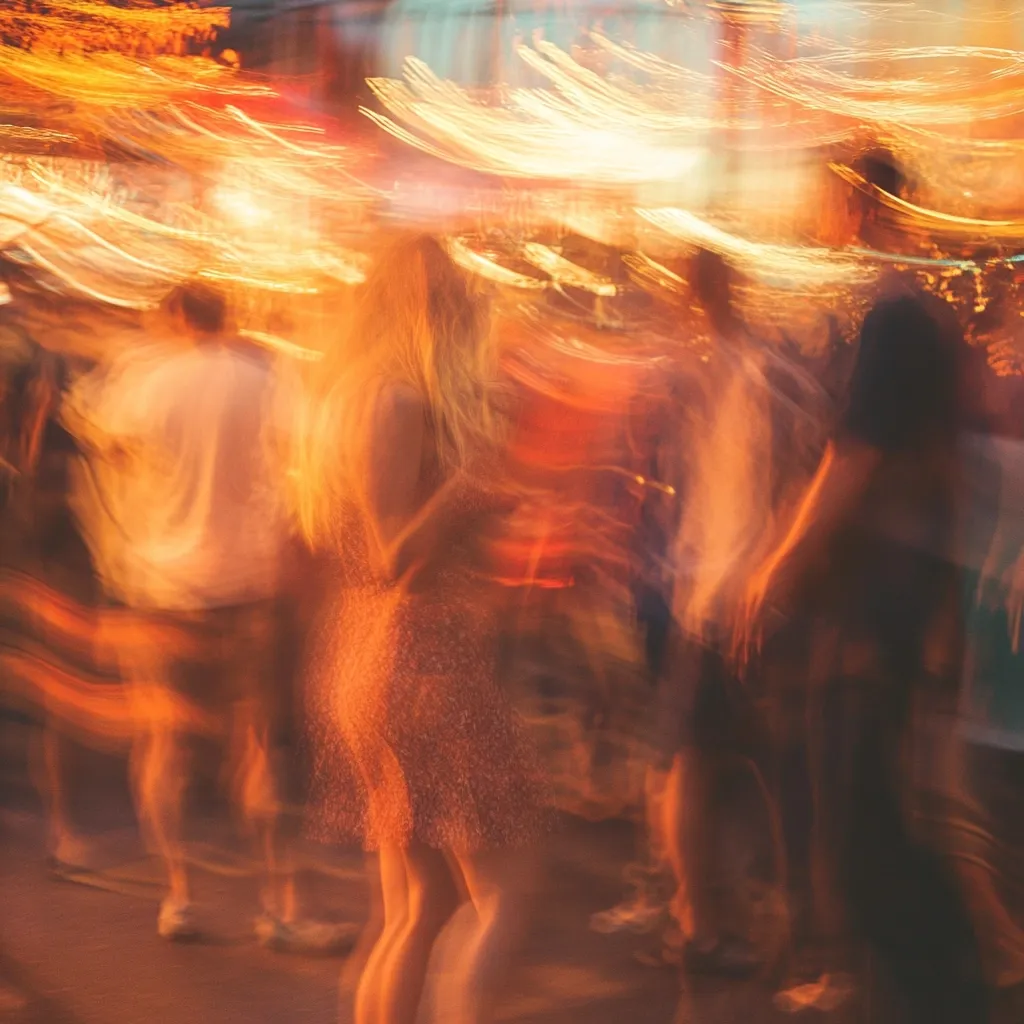 A motion-blurred image captures the energy of a night-time crowd.  Warm, orange and yellow light from surrounding sources creates a hazy, vibrant atmosphere.  Figures are indistinct, suggesting movement and activity, possibly at a fair, festival, or concert.  The central focus appears to be on a woman in a light dress, surrounded by other blurry shapes, emphasizing the dynamic and lively event.