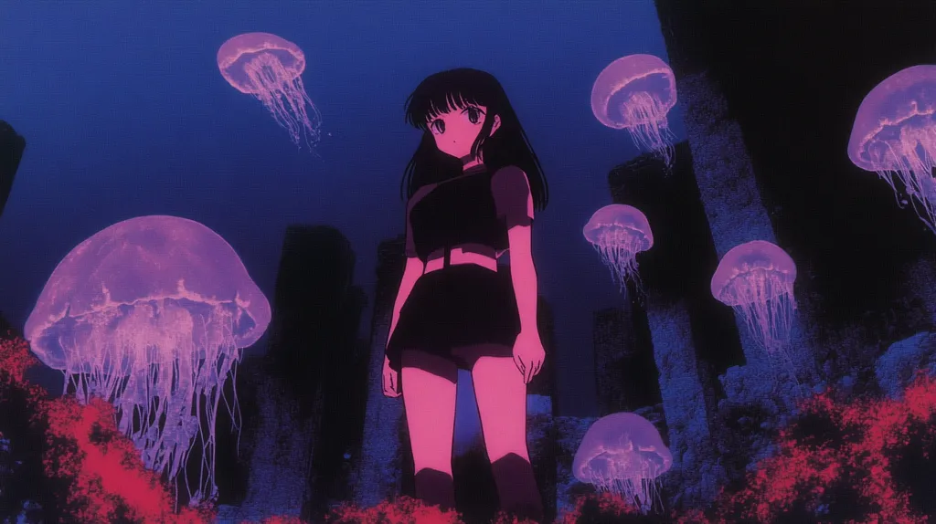 An anime-style girl with dark hair and a dark outfit stands amidst a surreal cityscape.  She is surrounded by numerous bioluminescent jellyfish in varying shades of purple and pink, floating against a dark blue backdrop. The overall aesthetic is dark, dreamlike, and slightly melancholic, with a vibrant color palette contrasting with the somber setting.  The scene evokes a sense of mystery and tranquility.