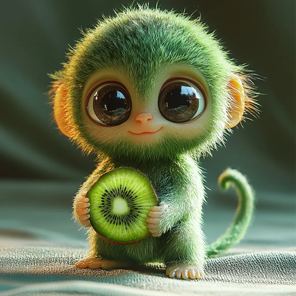 A digitally created image of an adorable, green, furry monkey-like creature.  Its large, expressive eyes and small, cute nose are prominent features.  The creature holds a perfectly sliced kiwi fruit in its paws, enhancing its charming appearance. The overall style is whimsical and cute.