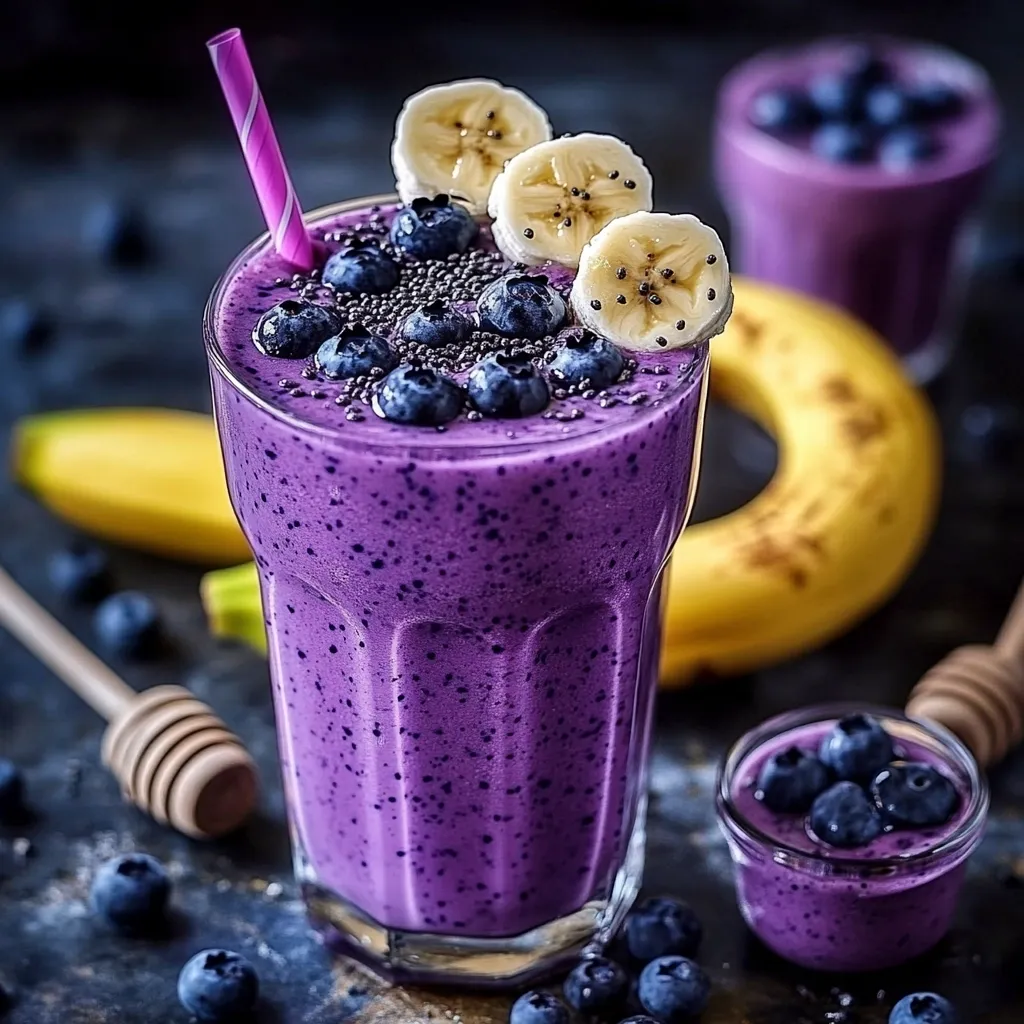 A vibrant purple smoothie, brimming with blueberries and chia seeds, is garnished with banana slices.  The tall glass showcases the thick consistency.  A honey dipper and small bowl of blueberries are nearby, suggesting a healthy and delicious treat.  Another smaller purple smoothie sits in the background, enhancing the overall image of a refreshing and nutritious beverage.