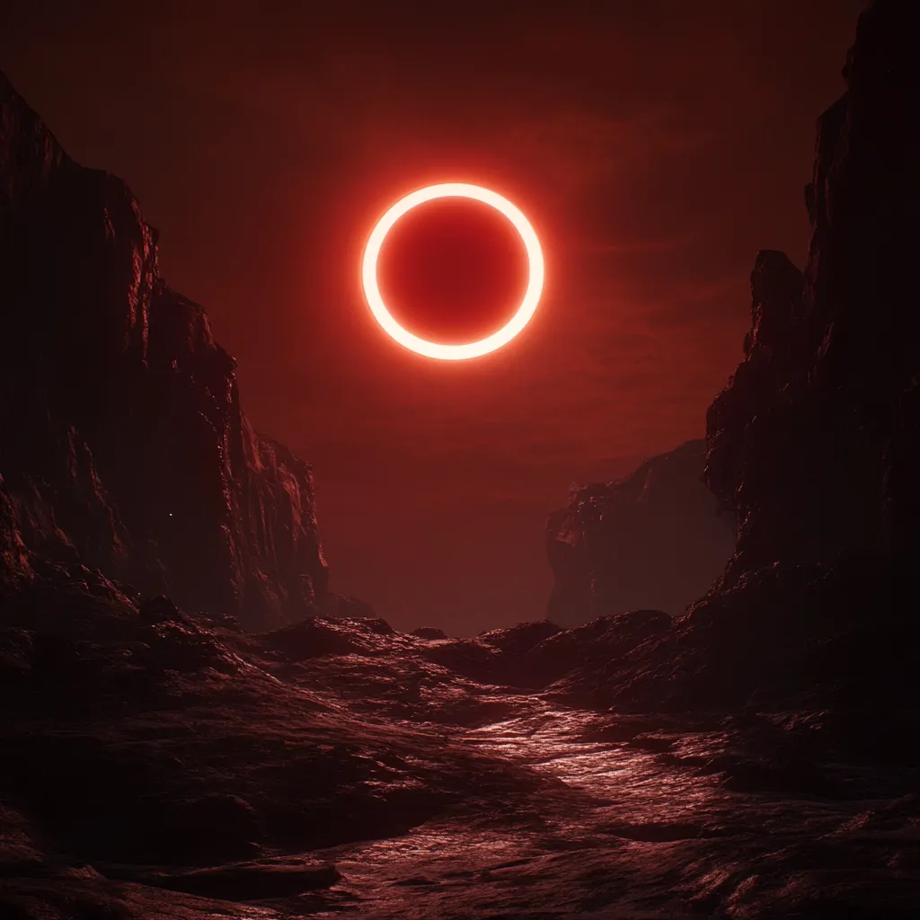 A vibrant red annular solar eclipse dominates a dark, alien landscape.  Jagged, rocky mountains frame the scene, their silhouettes stark against the fiery sky.  A dark, winding valley or river cuts through the foreground, leading the eye towards the celestial event. The overall atmosphere is dramatic and otherworldly.