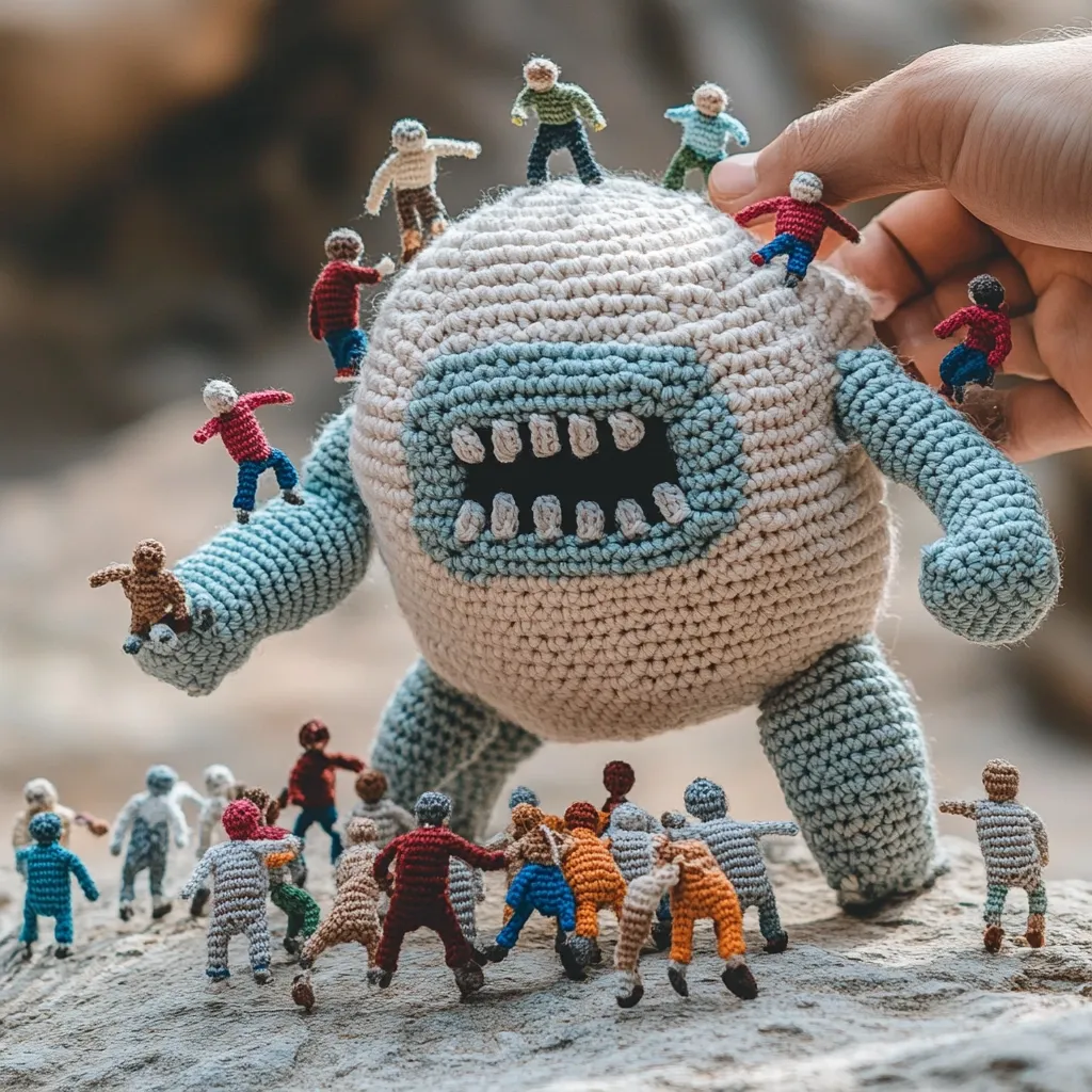 A large crocheted monster, light beige with teal accents and a toothy grin, looms over a crowd of tiny crocheted people.  Some miniature figures are perched atop the monster, while others cluster at its feet, creating a whimsical scene of scale and potential conflict. The image is sharply focused, highlighting the texture of the yarn and the detail in the miniature figures.  A hand is visible interacting with the monster, adding a human element to the scene.