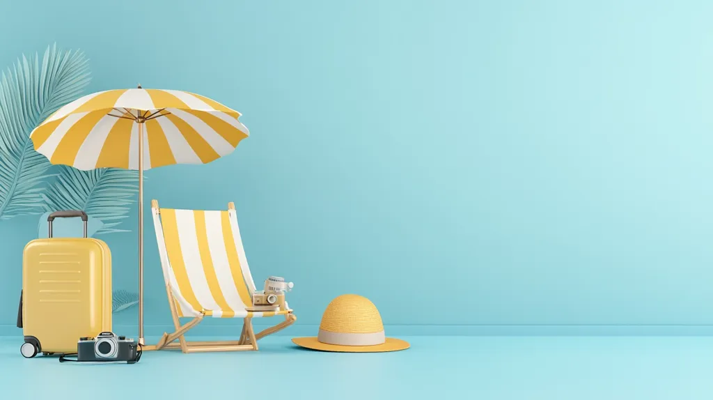 A yellow striped beach chair and umbrella sit on a light blue background, accompanied by a matching suitcase and straw hat.  A camera rests on the chair. The scene evokes a relaxed summer vacation atmosphere, with a minimalist and clean aesthetic.  Palm fronds subtly add to the tropical feel.