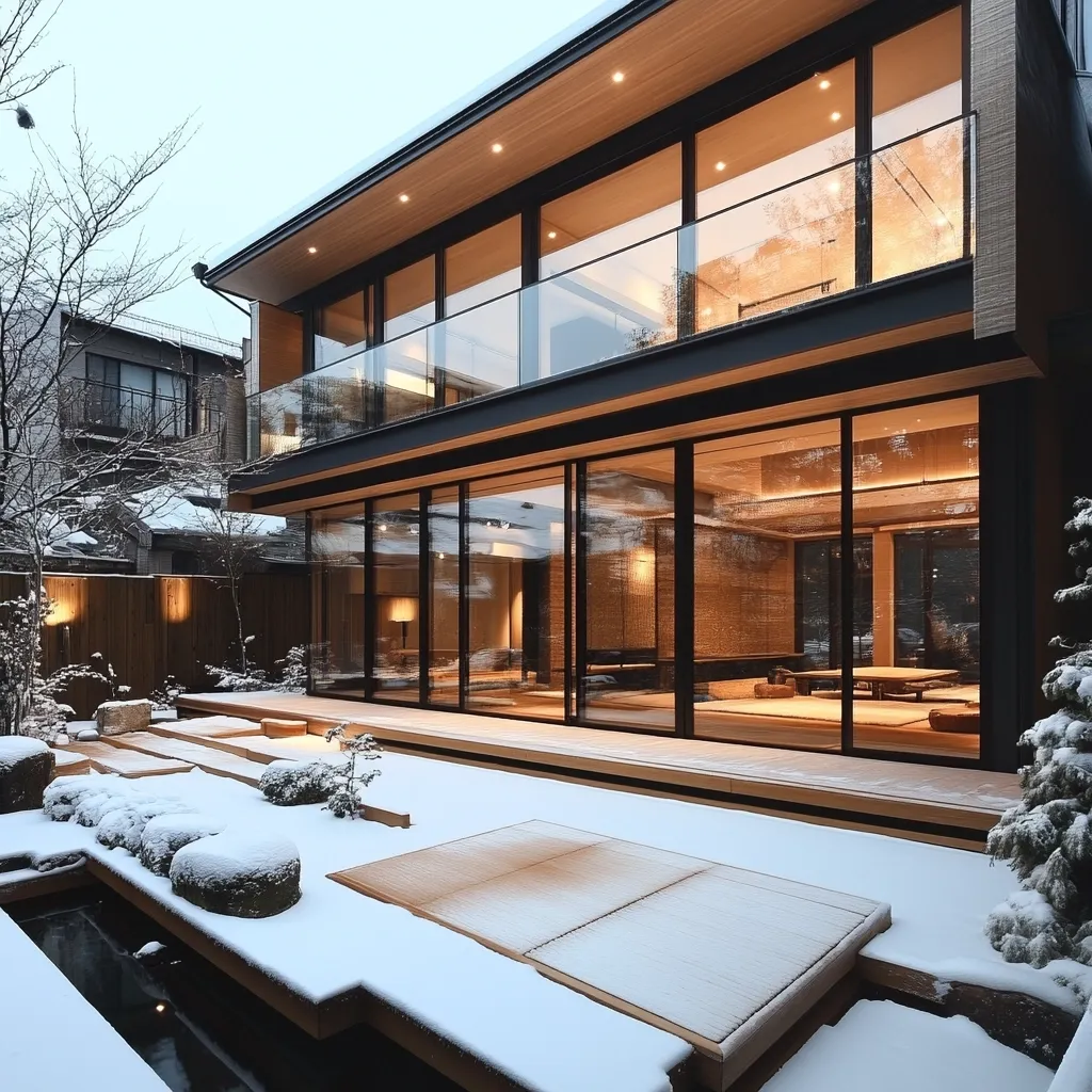 A modern, minimalist home, possibly Japanese in style, is shown covered in snow.  Large glass windows and sliding doors showcase a warm, inviting interior.  A serene, minimalist garden with a pond and stone features is visible in the foreground, also dusted with snow. The home's design incorporates natural wood and dark framing, creating a striking contrast against the white snow.