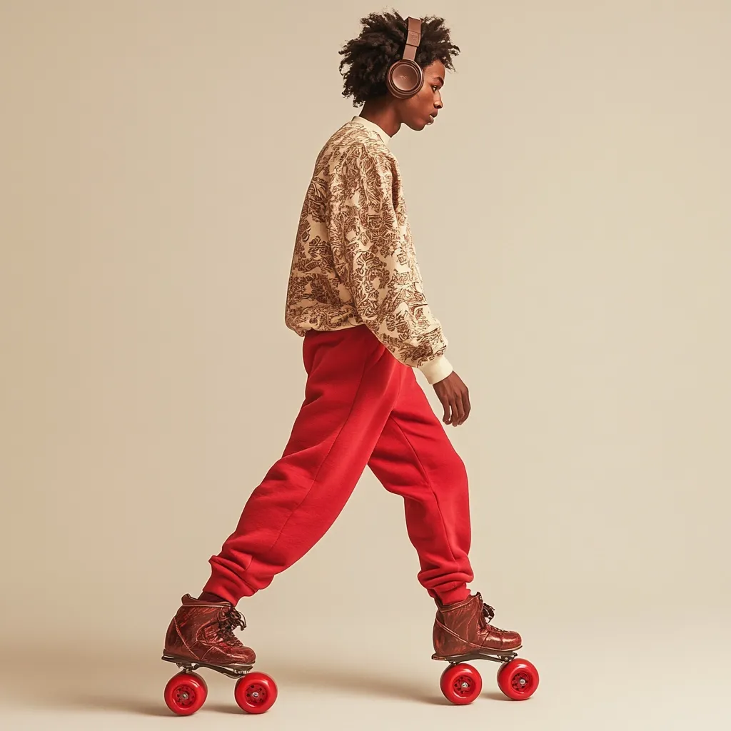 A young man with dark curly hair wears brown over-ear headphones, a beige patterned sweatshirt, and bright red sweatpants.  He's roller skating on quad skates with red wheels, his body angled slightly forward in motion.  The overall style is relaxed and casual, suggesting a carefree and stylish attitude. The background is a neutral beige.