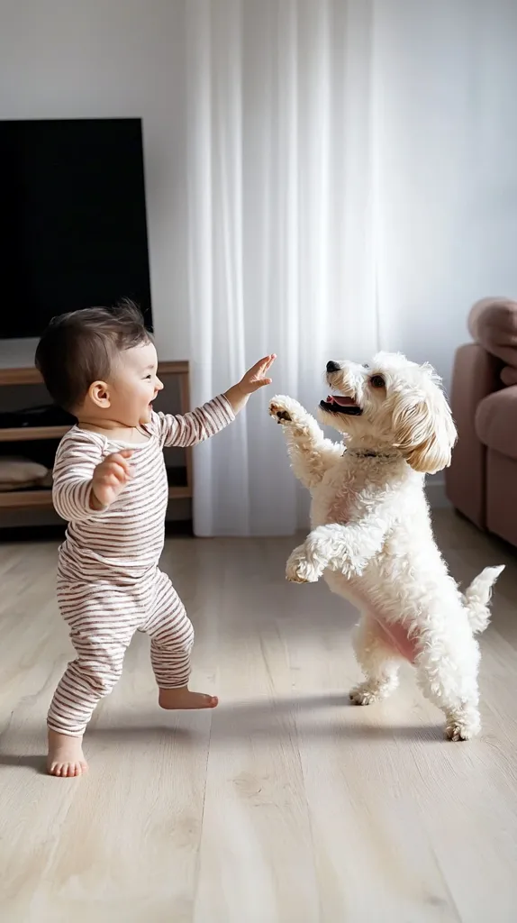 A toddler in striped pajamas takes their first steps, reaching out to a fluffy white dog that is standing on its hind legs.  The dog looks playful and excited, mirroring the baby's enthusiasm.  The scene is bright and airy, set in a light-colored living room with a large window providing natural light. The interaction between the baby and the dog is heartwarming and full of innocence.