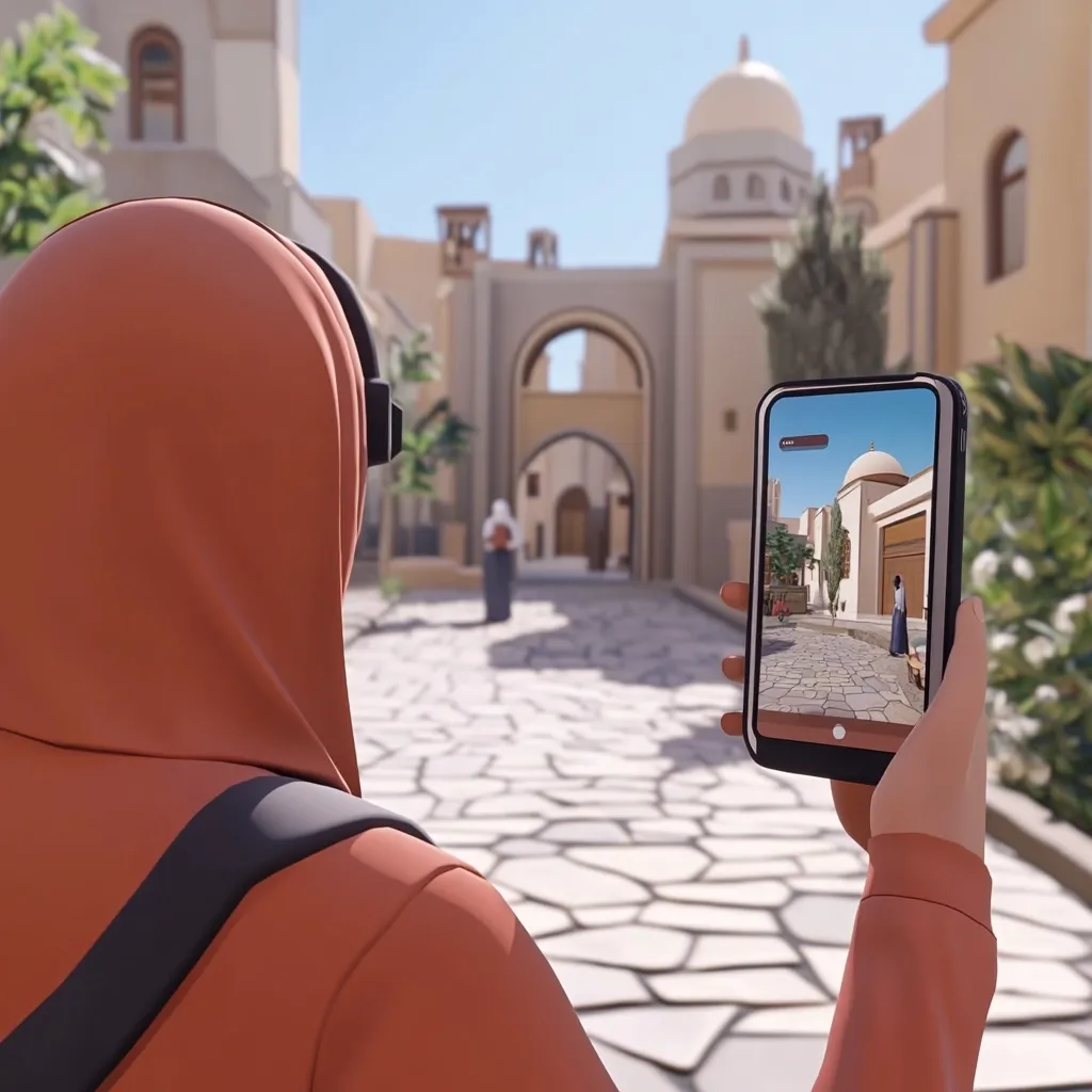 A person wearing a terracotta-colored hijab and jacket uses a smartphone to capture a virtual tour of a quaint, sun-drenched Middle Eastern alleyway.  The phone's screen displays a 3D model of the street, showing architectural details of buildings and other people.  The scene blends reality and augmented reality, creating a unique visual experience.