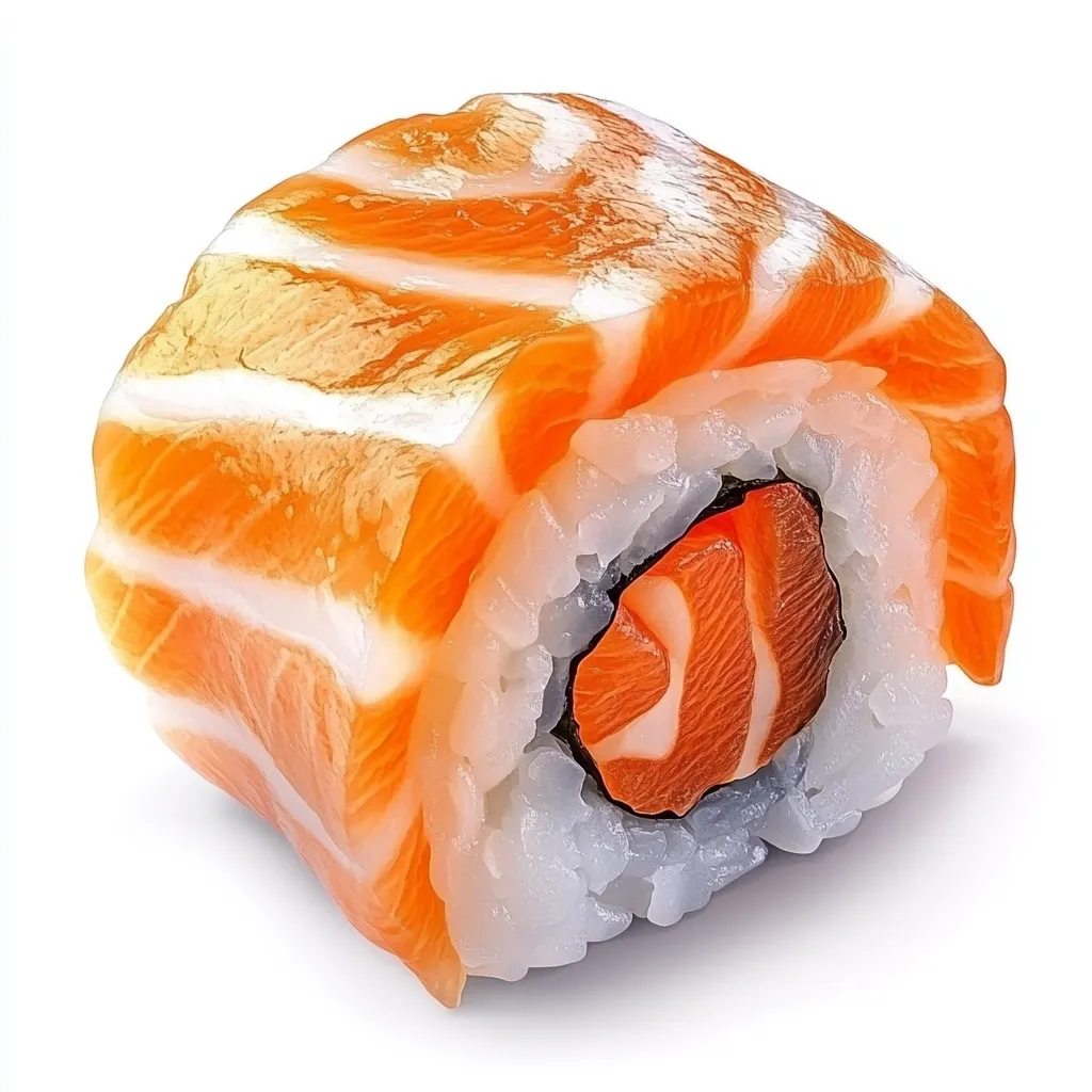 A single piece of sushi is shown, prominently featuring vibrant orange salmon arranged in a visually appealing pattern.  The salmon is artfully draped over a core of white sushi rice, which encloses a smaller piece of salmon. The overall presentation is clean and appetizing, highlighting the freshness of the ingredients.  The sushi rests on a bright white background.