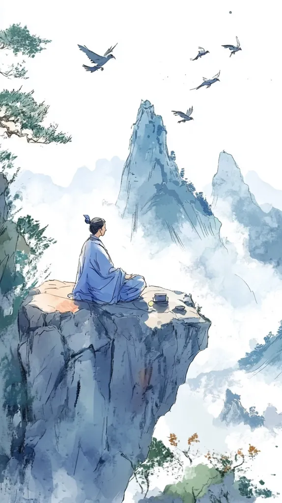 A serene painting depicts a lone figure in flowing blue robes meditating atop a precarious cliff overlooking a misty mountain range.  Several birds fly freely in the pale sky above. The style is reminiscent of traditional East Asian ink wash painting, emphasizing tranquility and the harmony of nature.  The scene evokes a sense of peace and spiritual contemplation.