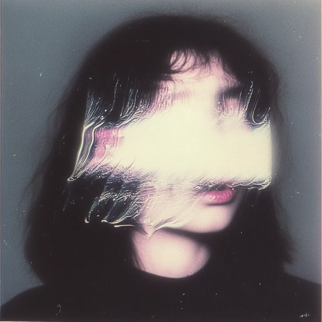 A close-up portrait of a young woman with dark hair. Her face is partially obscured by a translucent, distorted overlay, creating a surreal and ethereal effect. The image has a grainy, vintage quality, reminiscent of old photographs or film. The overall mood is mysterious and slightly melancholic.  The woman's lips are visible, adding a touch of intimacy despite the obscuring element.