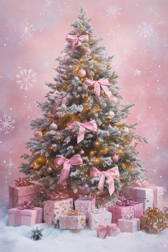 A snow-dusted Christmas tree, adorned with pink ribbons and ornaments, stands against a soft pink backdrop with falling snowflakes.  Warm, golden lights twinkle within its branches.  The base of the tree is surrounded by a collection of beautifully wrapped pink and floral patterned presents, creating a festive and elegant winter scene.