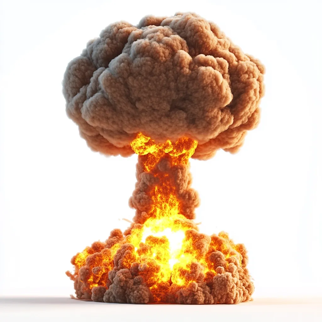 A mushroom cloud from a nuclear explosion dominates the image.  The top is a large, brown cloud of smoke, while the stem is a bright, intense orange and yellow fireball.  The base of the explosion spreads outwards, mirroring the top's shape. The entire scene is isolated on a stark white background, emphasizing the destructive power depicted.