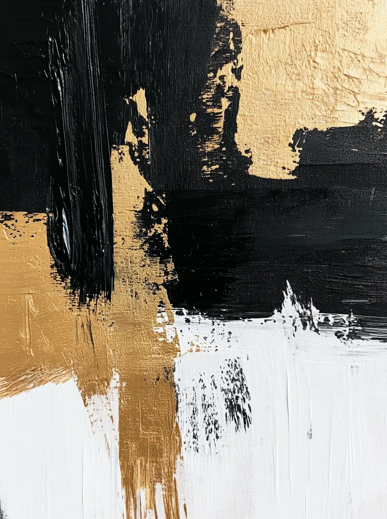 An abstract painting features bold strokes of black, gold, and white paint.  The colors are applied in a layered, expressive manner, creating a dynamic and textural surface.  The black paint is thick and impasto, contrasting with the smoother application of the gold and white.  The overall effect is one of modern elegance and artistic freedom.