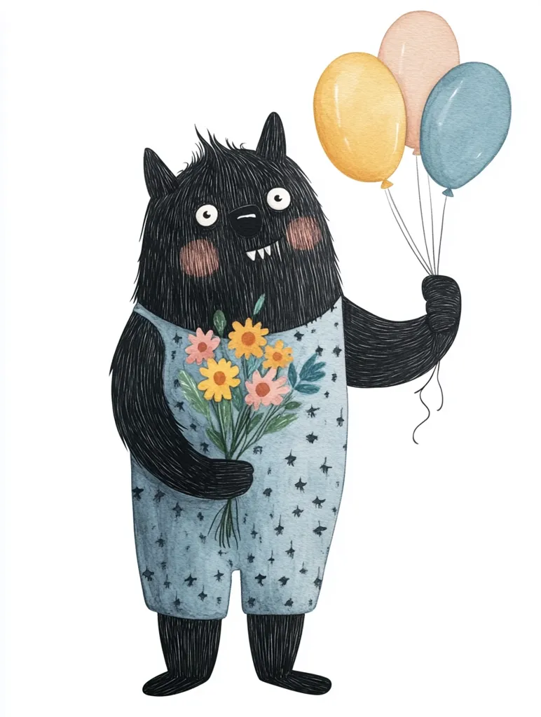 A cute, furry black creature, resembling a friendly monster, is depicted wearing light blue overalls.  It holds a bouquet of colorful wildflowers in one hand and a bunch of pastel-colored balloons in the other. The monster has a cheerful expression, suggesting a joyful and celebratory mood. The illustration style is whimsical and charming, using watercolor-like textures.