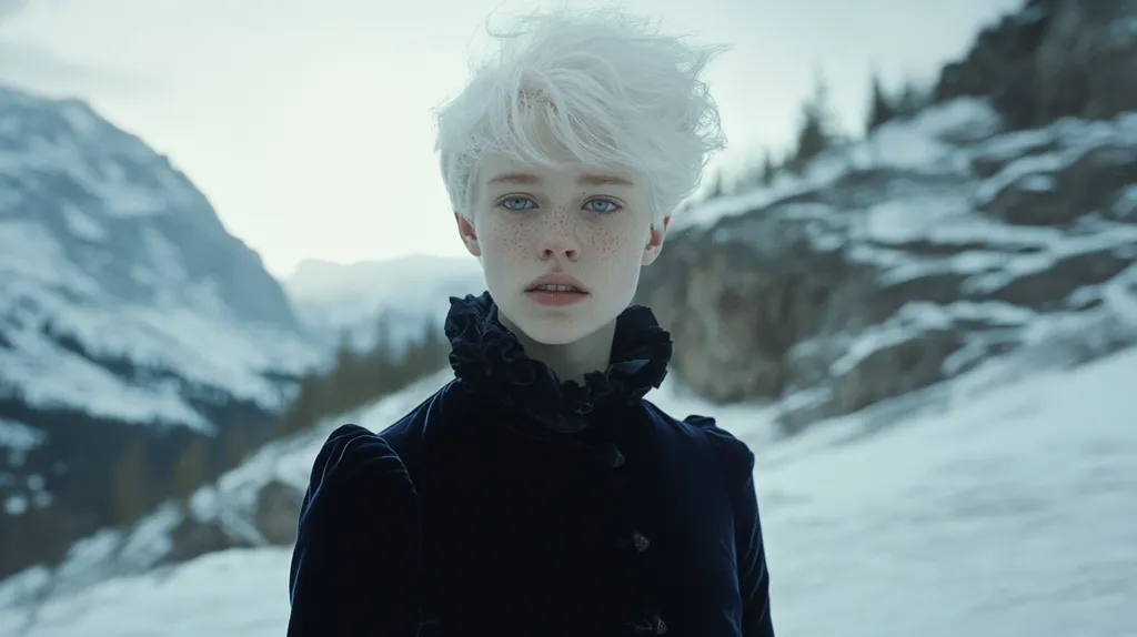 A young person with striking white hair and fair skin, adorned with freckles, stands against a blurred backdrop of a snow-covered mountain range.  They are dressed in a dark, velvety jacket with a ruffled collar, creating a stark contrast against the wintry scene.  The overall mood is one of serene beauty and quiet mystery.