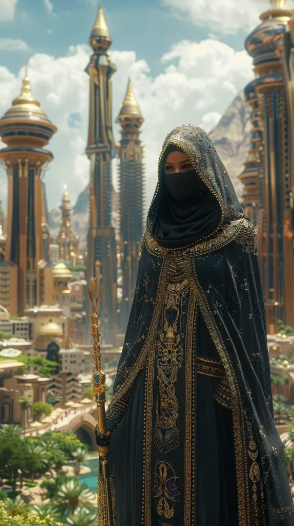 A woman, veiled and cloaked in an ornate, dark robe embellished with gold detailing, stands overlooking a futuristic city.  Tall, golden structures dominate the cityscape, contrasting with the lush greenery below. She holds a golden staff, her attire suggesting a position of power or authority within this technologically advanced, yet culturally rich, environment.