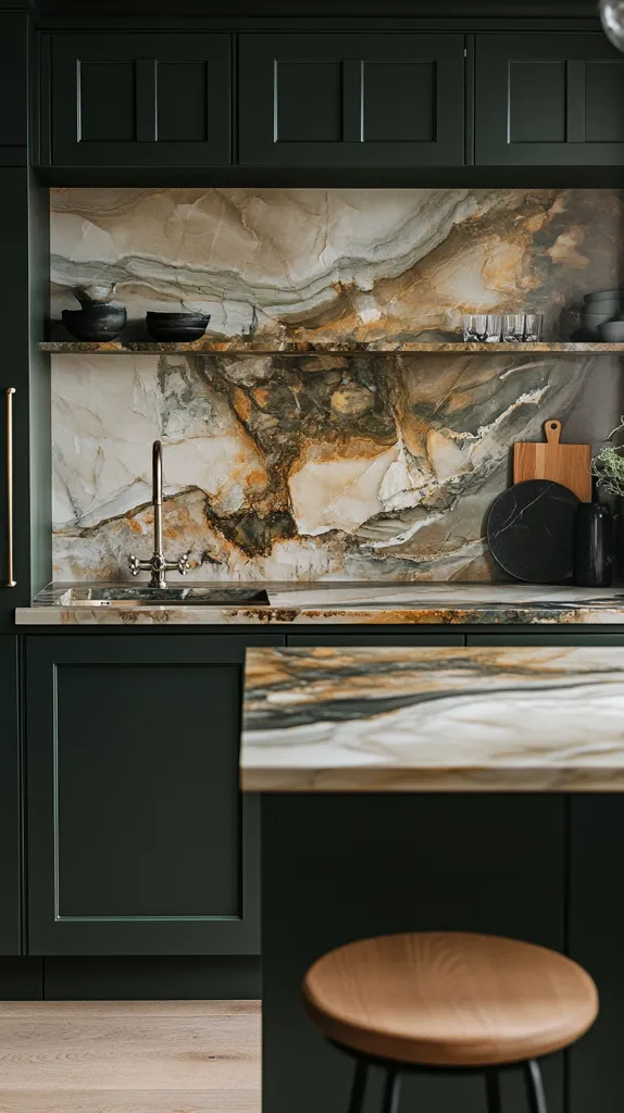 A modern kitchen boasts dark green cabinetry and a stunning countertop featuring a captivating marble backsplash with swirling beige, gold, and brown hues.  Simple, dark bowls and glasses rest on open shelving above the sink.  A wooden cutting board and black serving tray add to the minimalist aesthetic. The overall design is sleek and sophisticated.