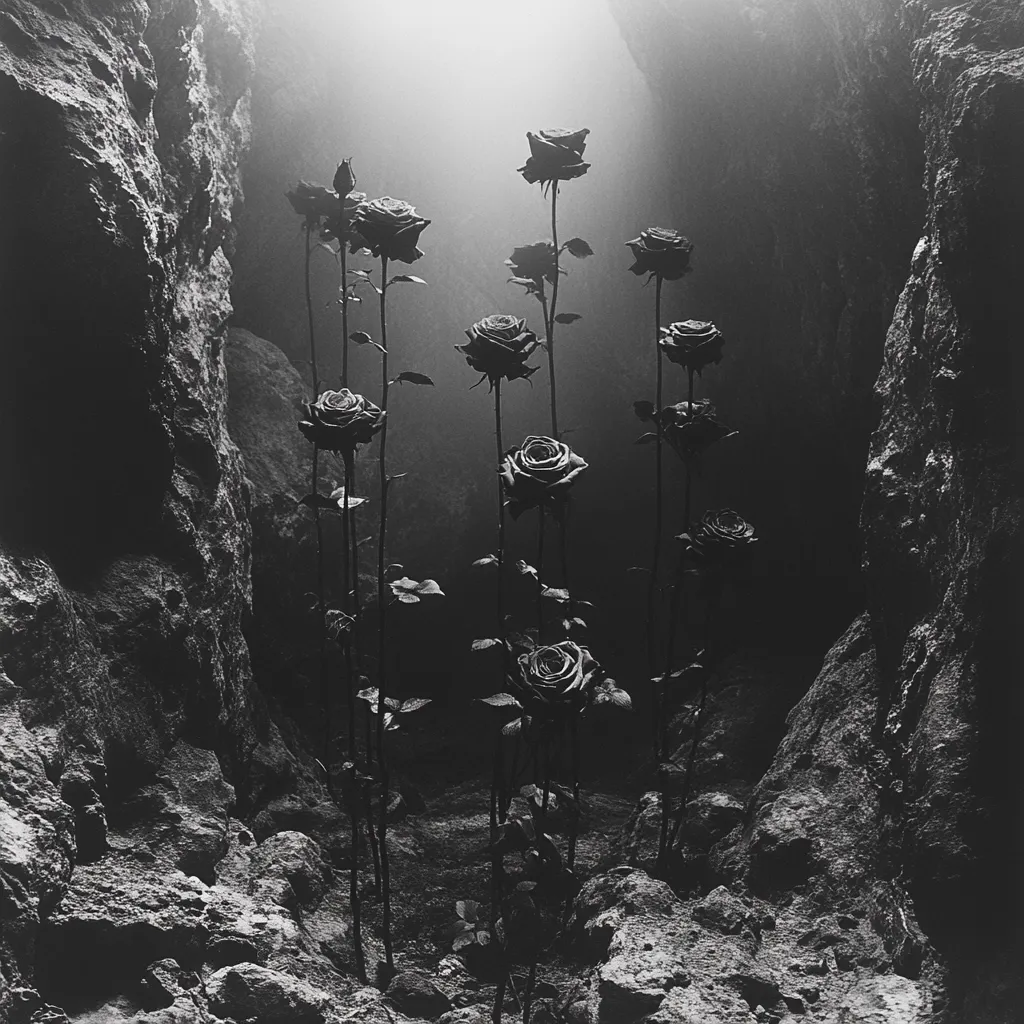 A monochromatic photograph depicts a cluster of dark roses emerging from a rocky, cavernous environment.  The roses, tall and slender-stemmed, stand starkly against the rough, grey stone.  A soft, diffused light illuminates the scene from above, creating a somber and slightly ethereal atmosphere. The overall mood is one of mystery and quiet desolation.