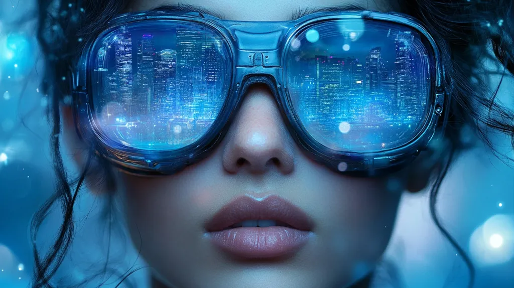 A close-up shot reveals a woman's face partially obscured by futuristic goggles.  The lenses display a vibrant, digitally rendered cityscape at night, blending reality and technology.  Her dark hair frames her face, and the overall color palette is cool-toned blues and purples, creating a visually striking and slightly ethereal effect.  The image suggests themes of advanced technology and virtual reality.