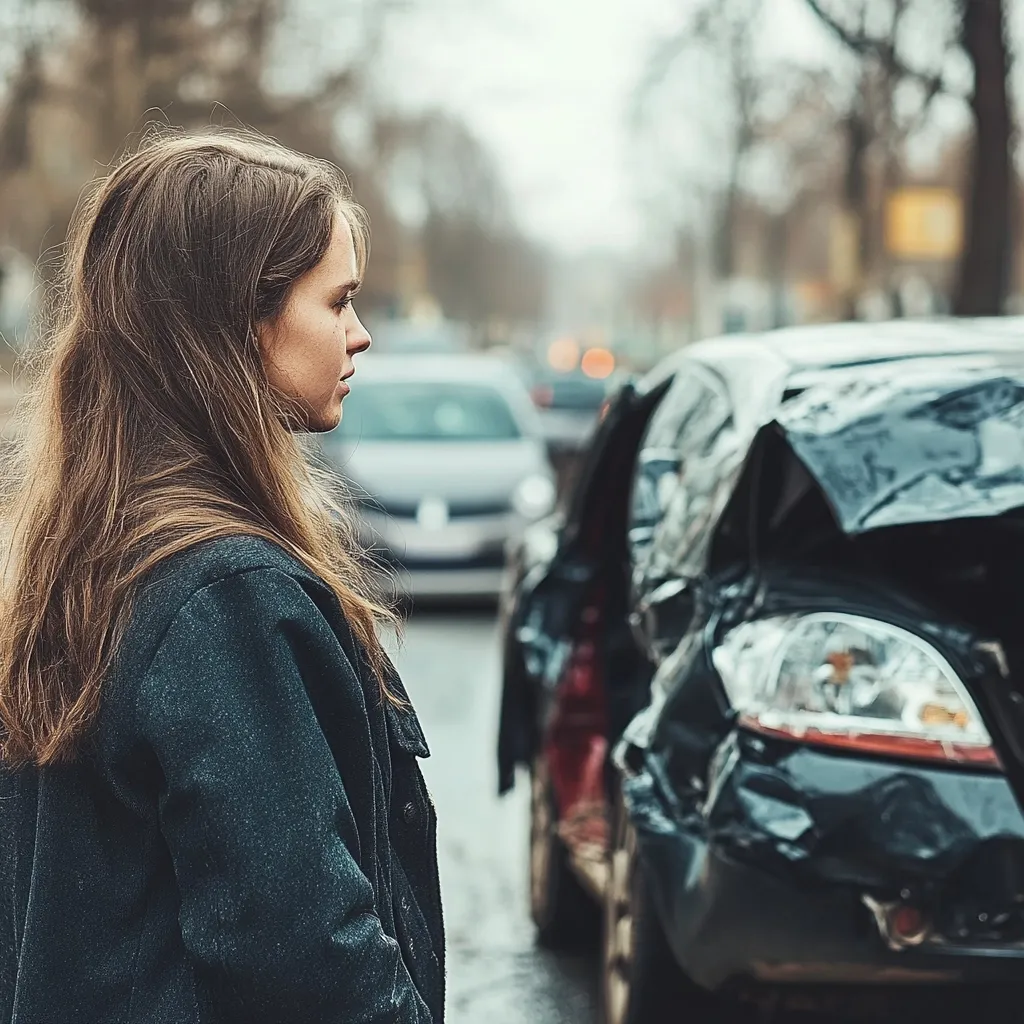 A young woman with long brown hair stands on a city street, her profile visible.  She appears pensive, looking towards a severely damaged dark-colored car involved in a collision. Other cars are blurred in the background, suggesting a recent accident. The scene conveys a somber mood and possible aftermath of a car accident.