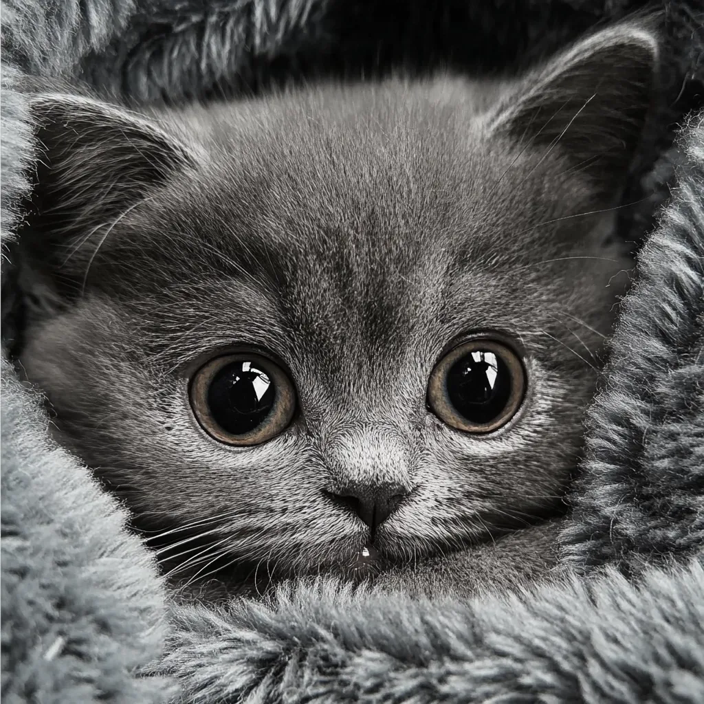 A close-up shot reveals an adorable grey kitten nestled comfortably within a plush, grey blanket.  Its large, expressive eyes and fluffy fur are the focal points, creating a heartwarming and intimate image. The kitten's gentle expression and soft texture of the blanket evoke feelings of warmth and comfort.