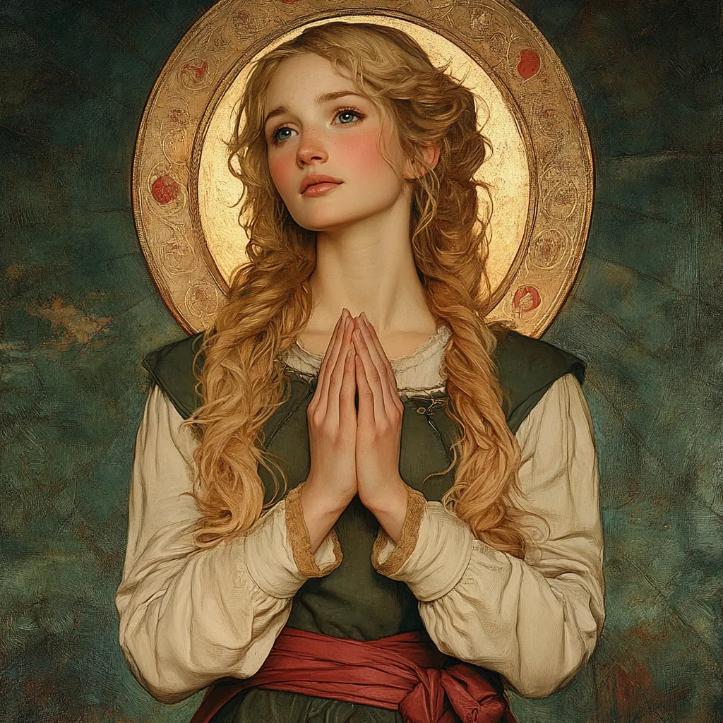 A painting of a young woman with long blonde hair, dressed in medieval-style clothing, stands with her hands clasped in prayer.  She is surrounded by a golden halo, suggesting a religious or spiritual theme.  Her expression is serene and her posture is devout. The muted green and gold tones of the background enhance the painting's peaceful and contemplative mood.  The style evokes pre-Raphaelite or similar artistic movements.