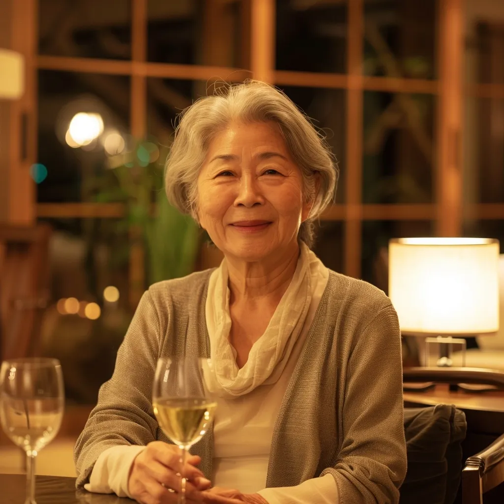 An elderly Asian woman with short gray hair sits at a table, holding a glass of white wine.  She is smiling warmly and wearing a light gray cardigan and a cream-colored scarf.  The warm lighting of the background suggests an intimate, possibly evening, setting.  She appears content and relaxed.