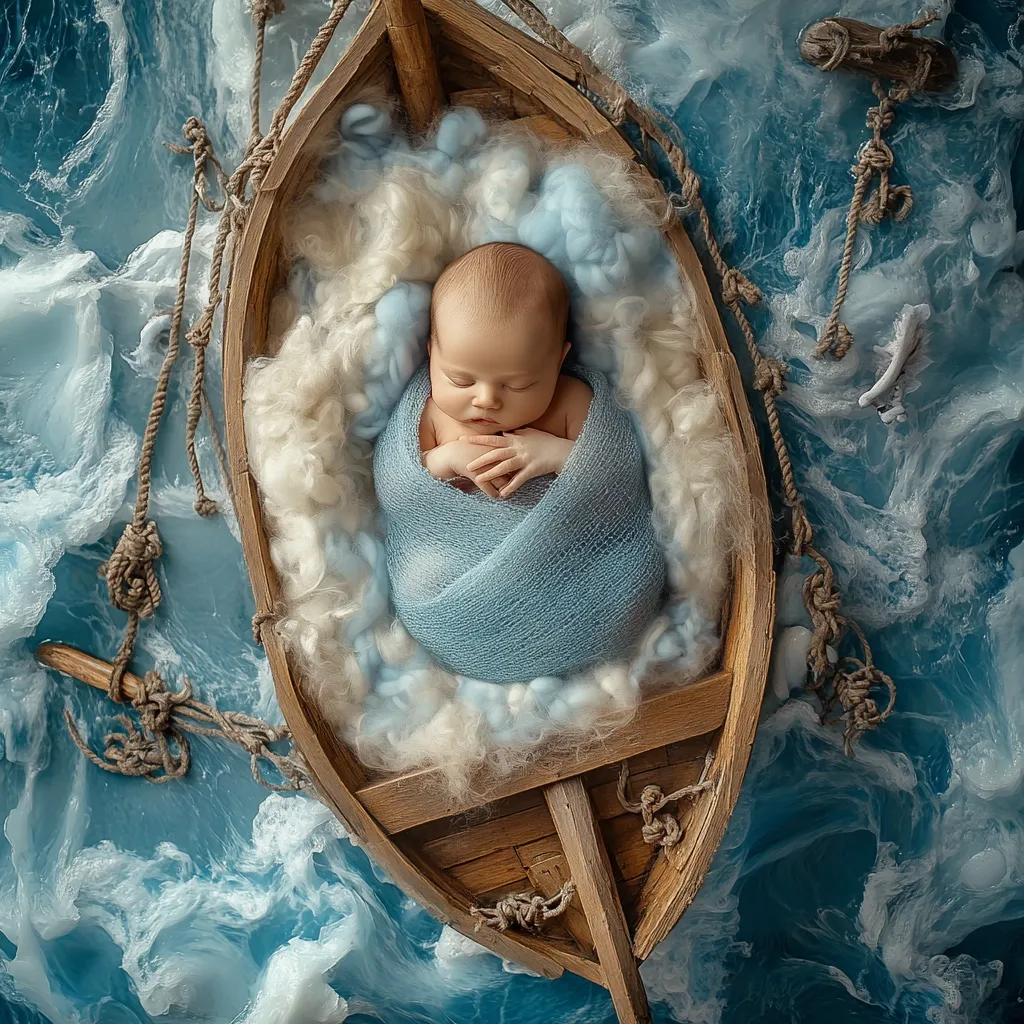 A newborn baby, swaddled in light blue fabric, peacefully sleeps in a miniature wooden boat.  The boat rests on a backdrop simulating ocean waves, created with textured blues and whites.  Rustic rope details add to the nautical theme, creating a serene and whimsical image. The baby's serene expression enhances the peaceful atmosphere.