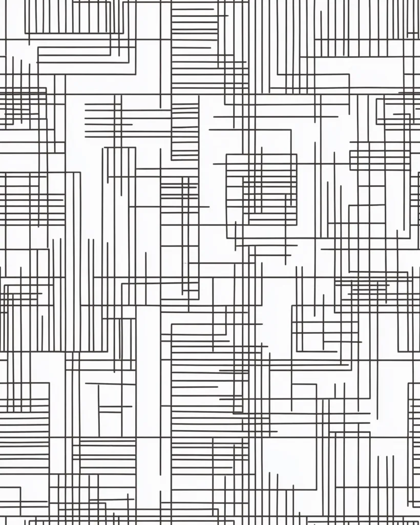 The image shows a complex pattern of intersecting black lines on a white background.  The lines create a dense network of squares and rectangles of varying sizes, overlapping and interweaving to form an intricate, geometric design. The pattern is repetitive but not perfectly symmetrical, resulting in a visually engaging texture.  The overall effect is minimalist yet complex, suggesting a sense of structure and order within apparent chaos.