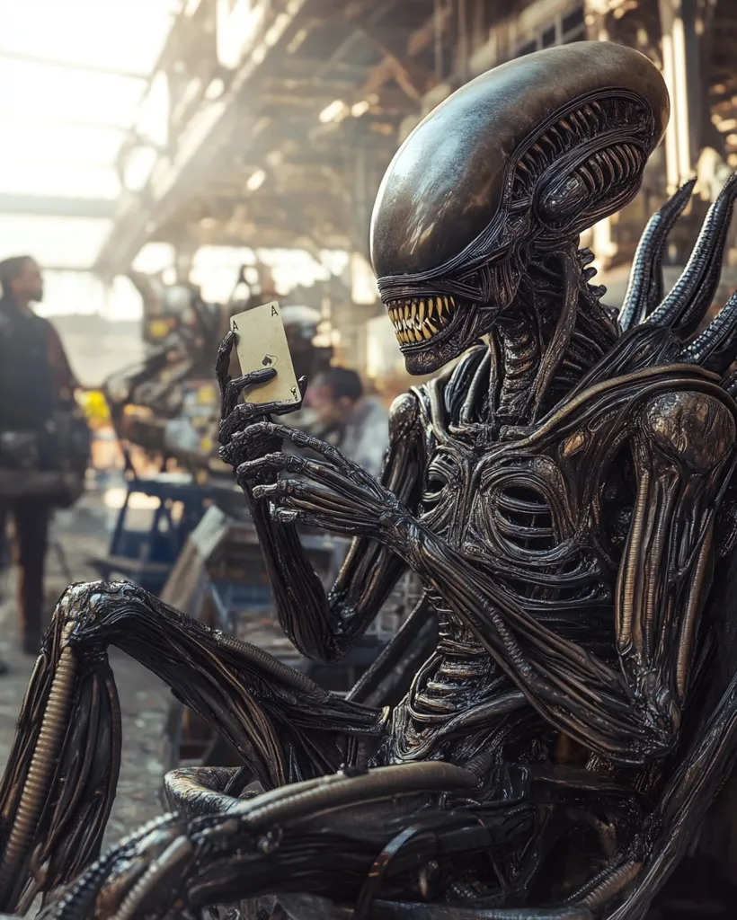 A Xenomorph from the Alien franchise sits in a chair, examining an ace of spades playing card.  The setting appears to be a dilapidated industrial area. The Xenomorph's metallic, biomechanical body is highly detailed, contrasting with the blurred background of human figures. The scene is dark and gritty, emphasizing the creature's imposing presence.  The juxtaposition of the alien and the playing card creates a surreal and intriguing image.