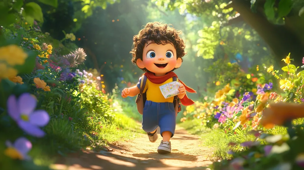 A cheerful, cartoon boy with curly brown hair joyfully runs down a sun-dappled path. He wears a yellow shirt, blue shorts, a red scarf, and a small backpack, holding a map.  Vibrant wildflowers in various colors bloom along the path, creating a magical, whimsical scene.  The overall mood is one of carefree adventure and delight.
