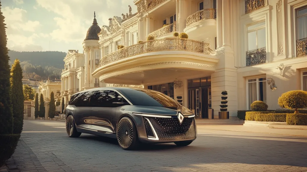 A sleek, dark-grey Renault minivan is parked outside a grand, ornate mansion.  The vehicle boasts modern design elements and large, stylish wheels. The mansion is a classic architectural style, with balconies, pillars, and meticulously manicured landscaping.  The overall scene evokes luxury and sophistication. The sun casts a warm glow on the scene.